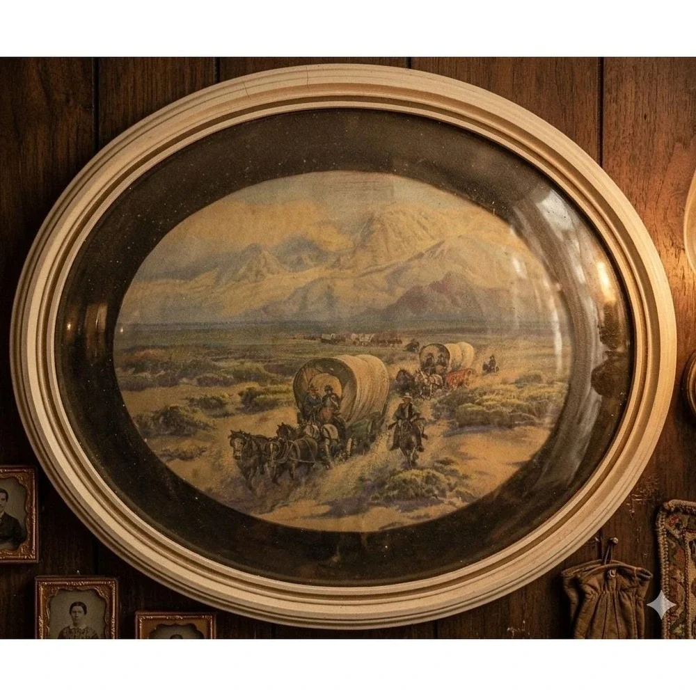 Antique Western Covered Wagon Lithograph Oval Frame Pioneer Scene John Teale Art